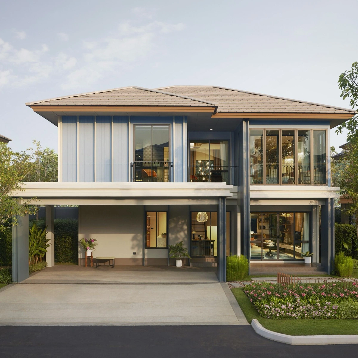 บ้านเดี่ยว บุราสิริ พระราม 2 เลขที่ 129 ทิศใต้ โซนหน้าสวน<br> สไตล์รีสอร์ท  แบบ Windara